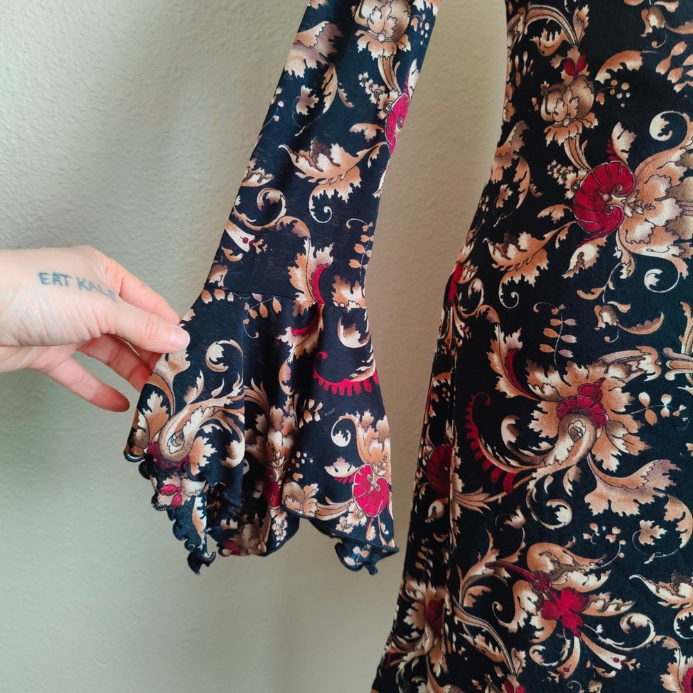Savvy Baroque Floral Bell Sleeve Dress Grunge Whimsigoth Boho Fairycore Y2K‎ L - Picture 3 of 12